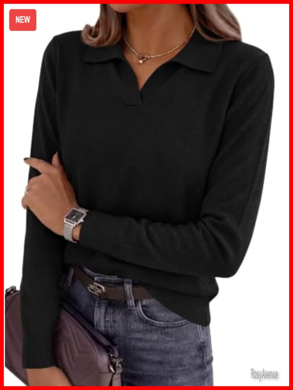Womens Collared Polo Sweater V Neck Long Sleeve Soft Knit Pullover